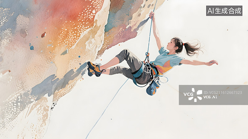 【AI数字艺术】彩绘绘本攀岩的女孩，极限运动冒险图片素材