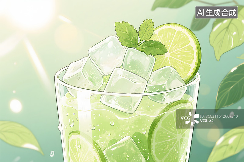 【AI数字艺术】手绘香水柠檬青柠薄荷水莫吉托图片素材