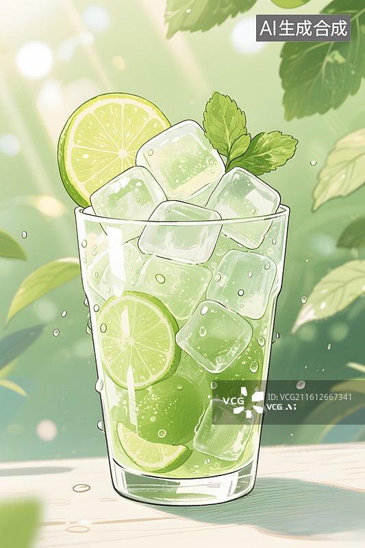 【AI数字艺术】手绘香水柠檬青柠薄荷水莫吉托图片素材