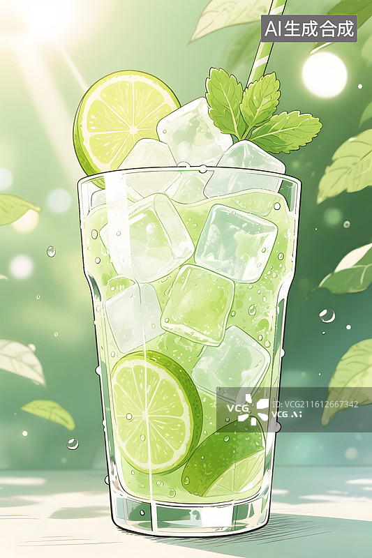 【AI数字艺术】手绘香水柠檬青柠薄荷水莫吉托图片素材