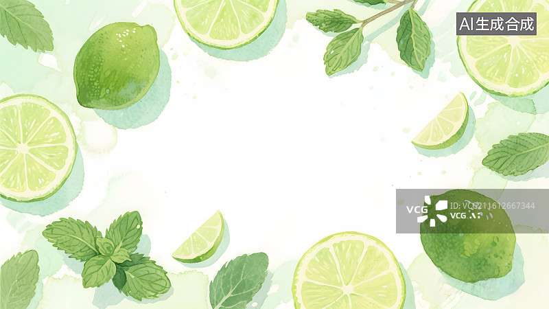 【AI数字艺术】手绘夏日青柠薄荷清爽白色背景图片素材