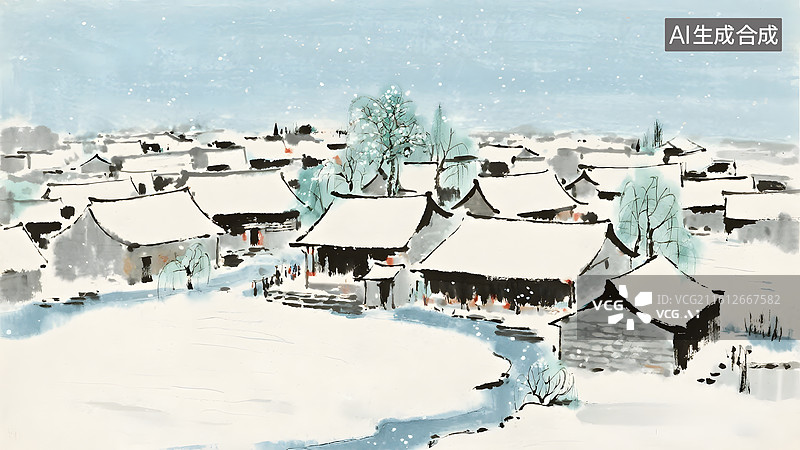 【AI数字艺术】冬日里白雪覆盖的中国农村插画图片素材