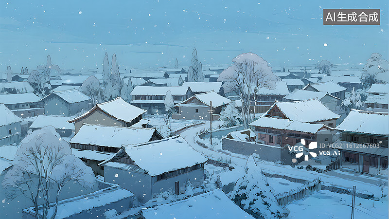 【AI数字艺术】冬日里白雪覆盖的中国农村插画图片素材
