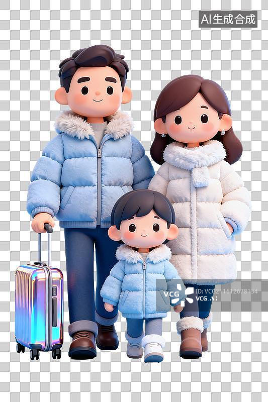 【AI数字艺术】卡通风格，一家三口穿着羽绒服，拖着行李，出去旅游PNG格式的免扣元素图片素材