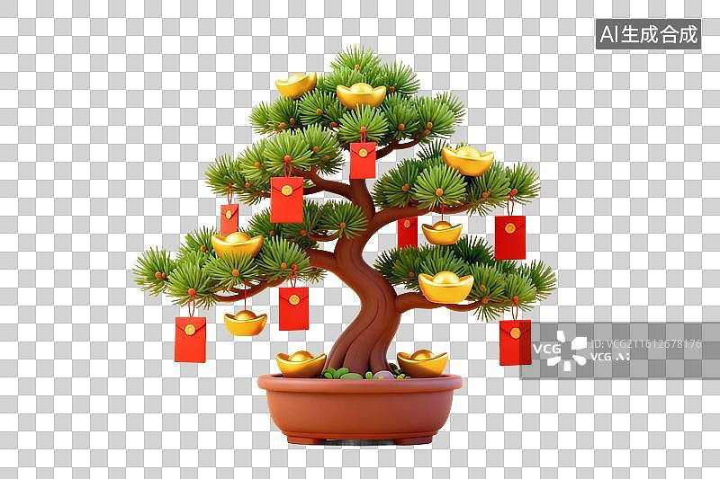 【AI数字艺术】卡通风格，盆栽植物，树上挂着金元宝与红包PNG格式的免扣元素图片素材