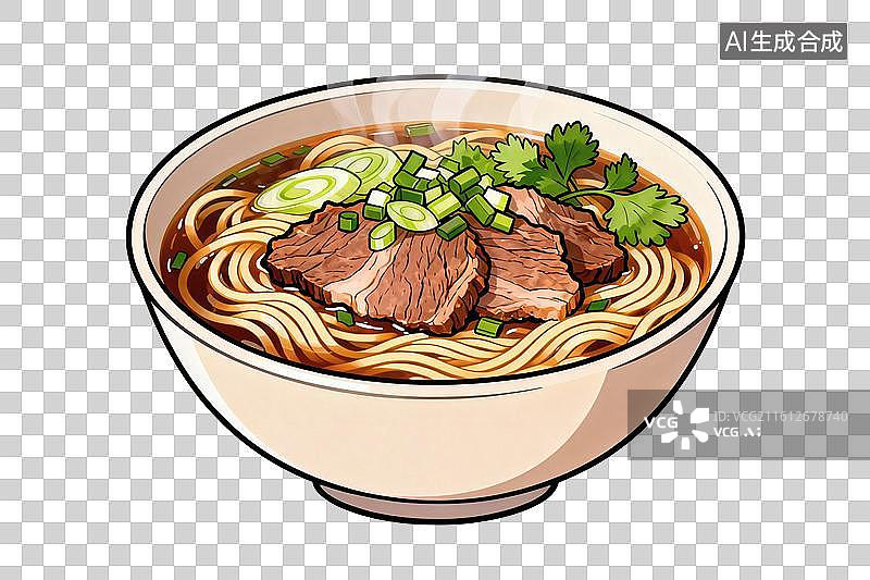 【AI数字艺术】卡通风格，一碗冒着热气的牛肉拉面PNG格式的免扣元素图片素材