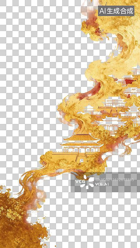 【AI数字艺术】卡通风格，金色的烟雾中，古代建筑PNG格式的免扣元素图片素材