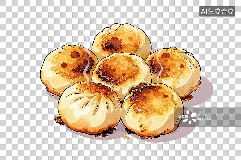 【AI数字艺术】卡通风格，美味的生煎包PNG格式的免扣元素图片素材
