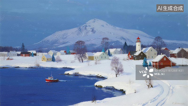 【AI数字艺术】油画北欧雪山海边小镇壁纸背景插画图片素材