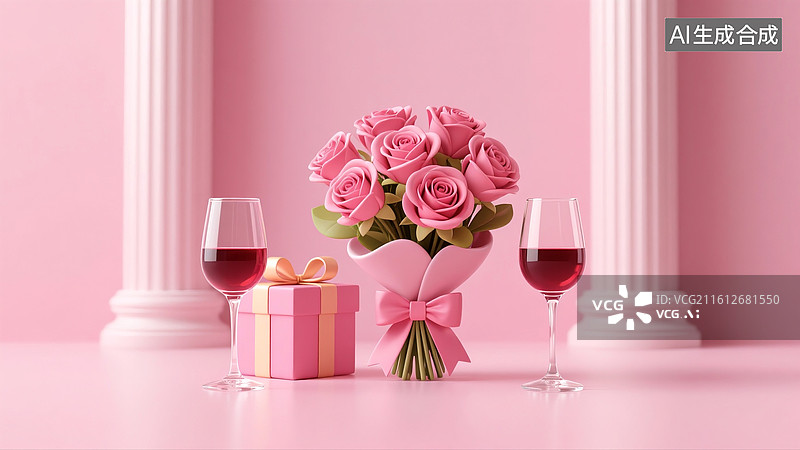 【AI数字艺术】玫瑰花和礼物盒和红酒杯图片素材