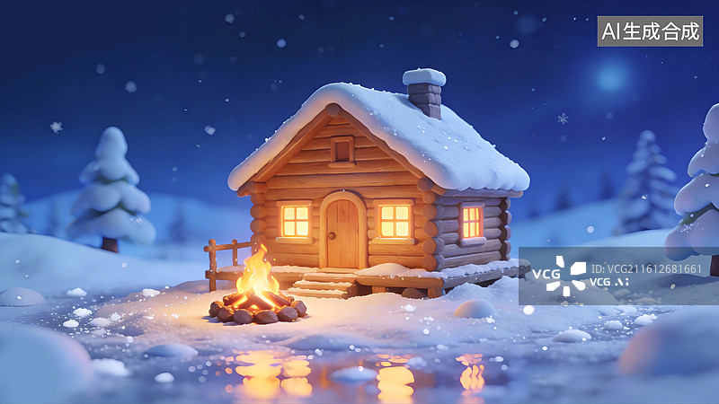 【AI数字艺术】冬天雪地里的木屋和篝火图片素材