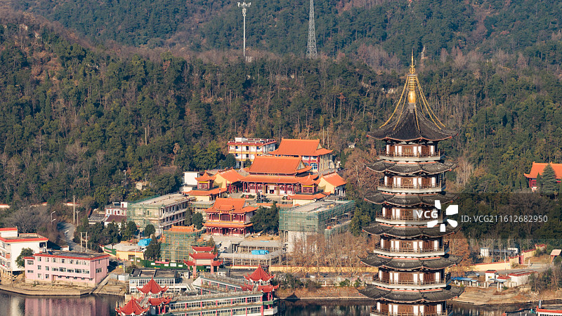 湖北武汉市新洲区道观河风景区冬季景象及周边水库全景图图片素材