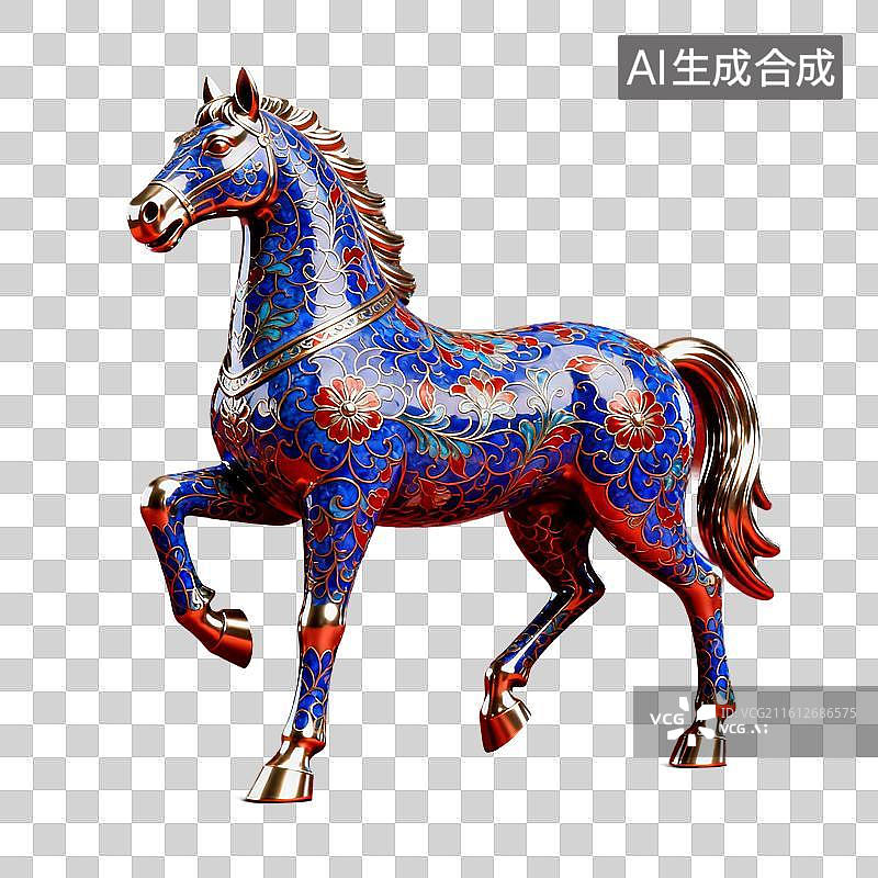 【AI数字艺术】3D渲染，景泰蓝，奔跑的马，马年，马，金色马，十二生肖，免抠元素图片素材
