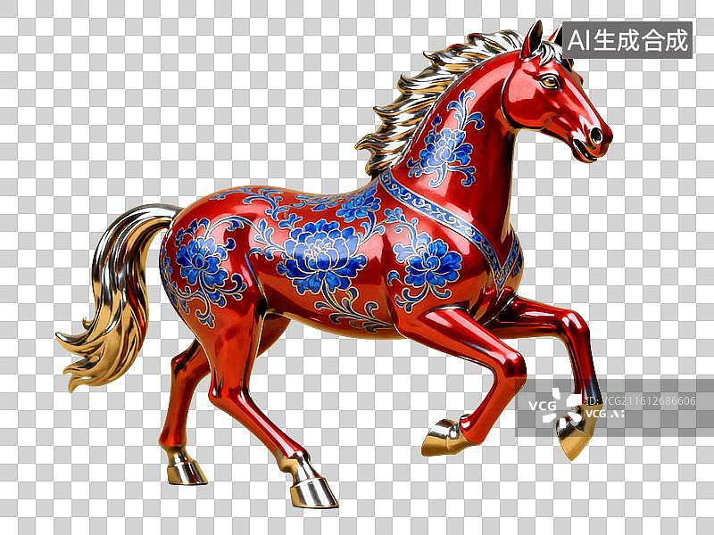 【AI数字艺术】3D渲染，景泰蓝，奔跑的马，马年，马，金色马，十二生肖，免抠元素图片素材