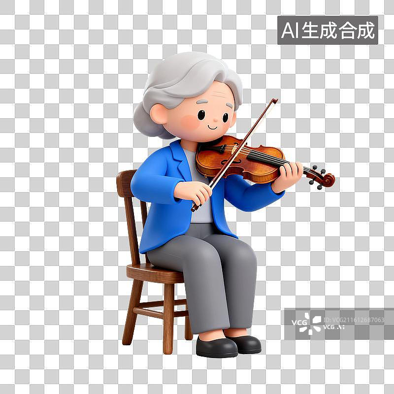 【AI数字艺术】3D渲染卡通人物，演奏小提琴的老奶奶，老人，老年人，退休老人，休闲娱乐活动，免抠元素图片素材