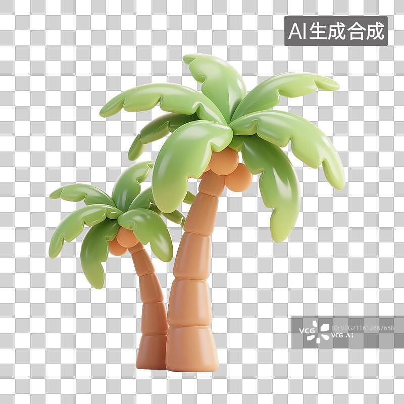 【AI数字艺术】3D渲染卡通植物，椰子树，椰子，夏天，治愈系，旅游度假免抠元素图片素材