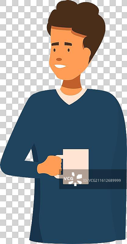 年轻男子拿着马克杯，微笑着看向别处图片素材