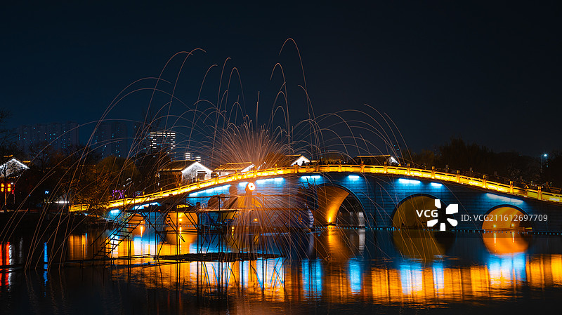 黄州遗爱湖公园灯节、打铁花表演图片素材