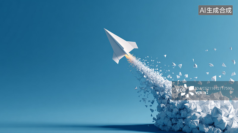 【AI数字艺术】白色纸火箭在蓝色天空中急速上升并拖拽碎片尾迹的动感场景图片素材