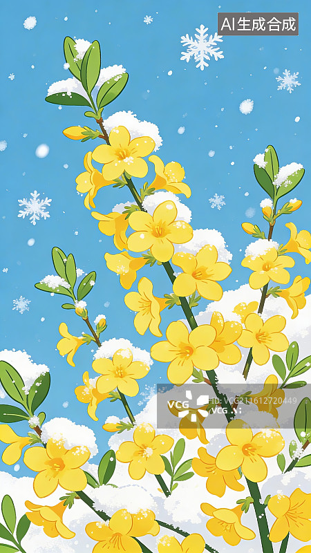 【AI数字艺术】春雪中的迎春花图片素材