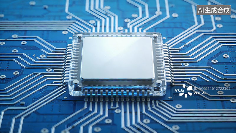 【AI数字艺术】蓝色电路板上的芯片特写图片素材