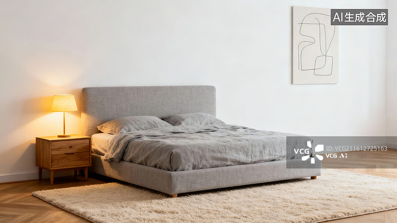 【AI数字艺术】简约风格卧室床铺场景图片素材