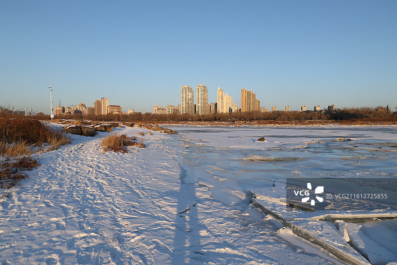 吉林市，温德游园，冬季，松花江，雪景，冰河，落日，夕阳植物，鬼针草，干枯的酸模，图片素材