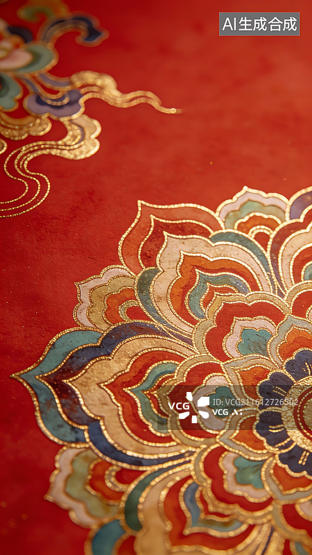 【AI数字艺术】红色织锦上的花卉图案图片素材