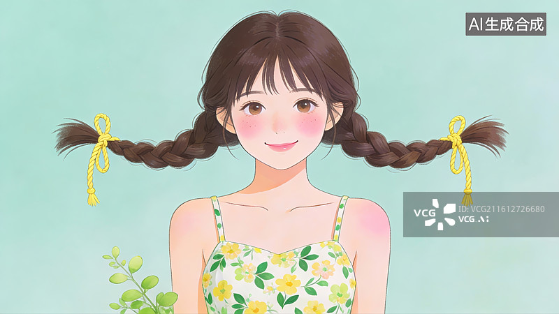 【AI数字艺术】扎双辫的女孩微笑图片素材