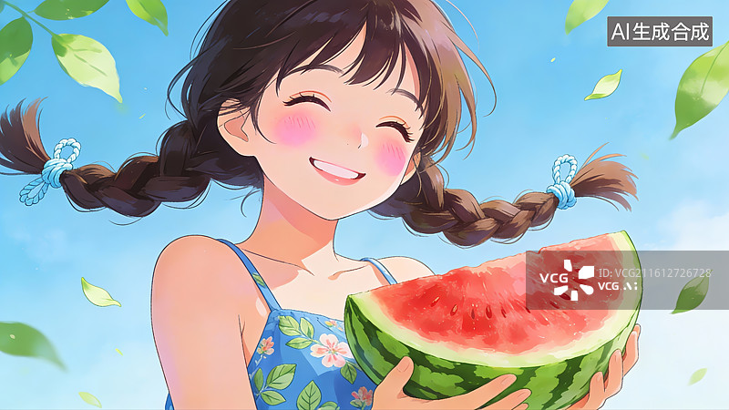 【AI数字艺术】女孩手持西瓜微笑图片素材