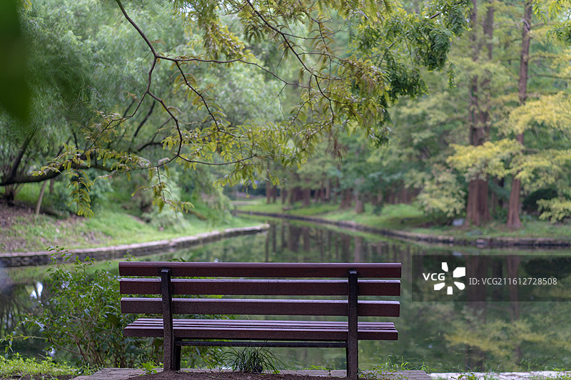 水塘边的长椅图片素材