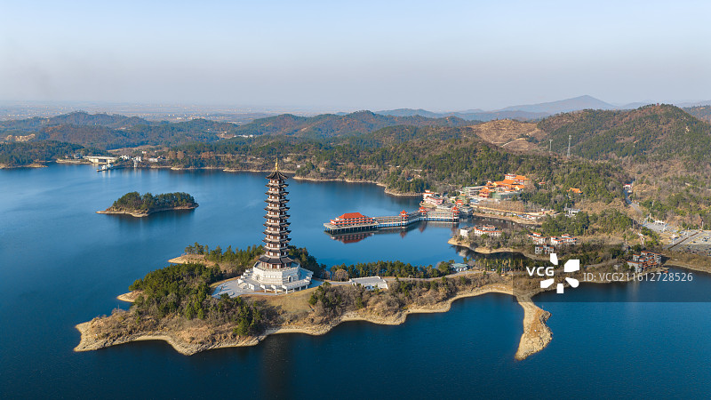 湖北武汉市新洲区道观河风景区冬季景象及周边水库全景图图片素材