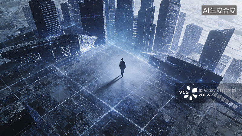 【AI数字艺术】商务人士站在未来数字都市景观中图片素材
