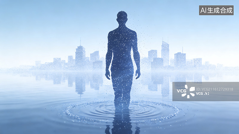 【AI数字艺术】都市水面上的人物剪影图片素材