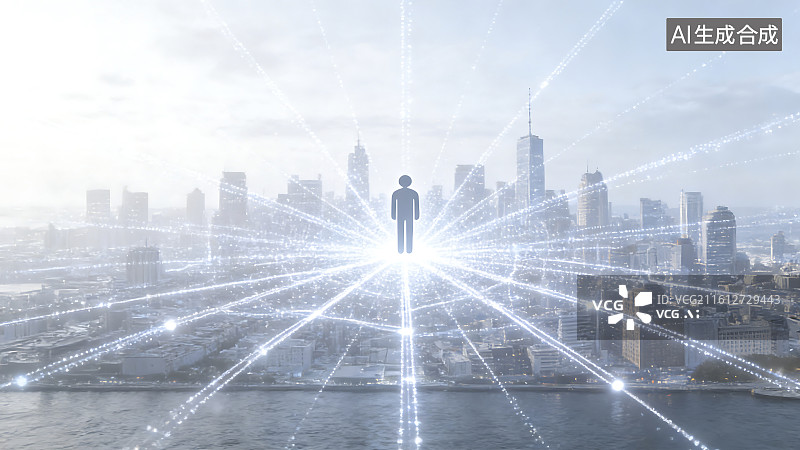 【AI数字艺术】城市天际线上的数字网络连接人物图片素材