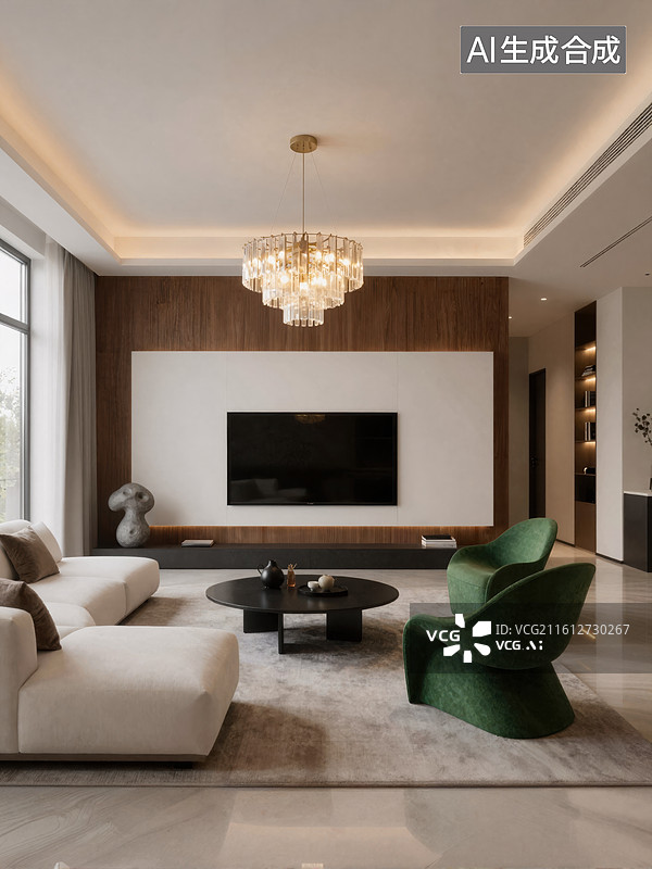 【AI数字艺术】现代客厅设计中的意式极简与绿色点缀图片素材