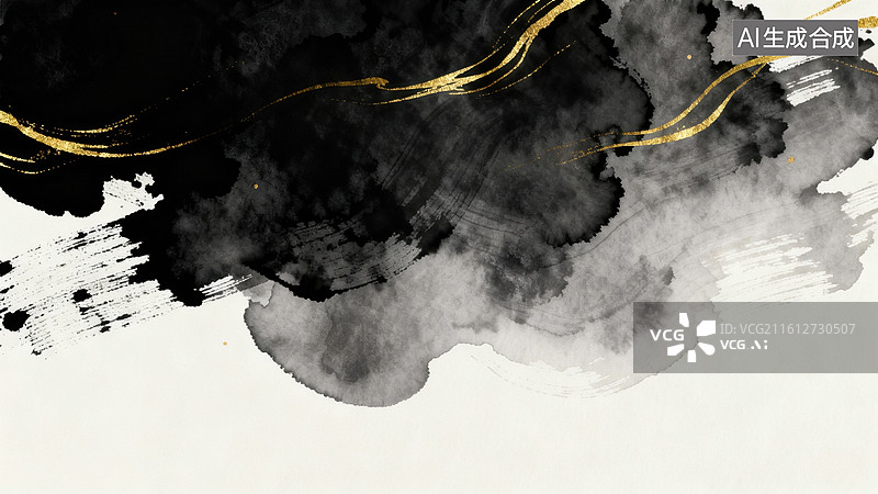 【AI数字艺术】墨色晕染与金色线条抽象画图片素材