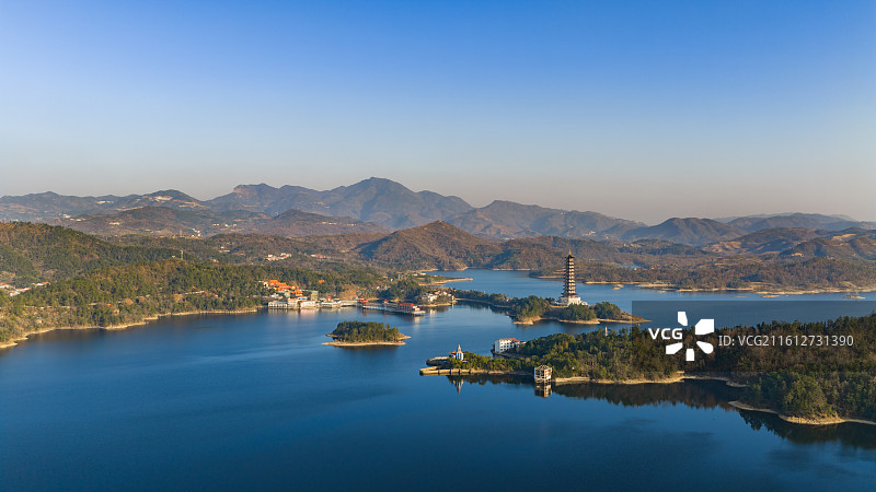 湖北武汉市新洲区道观河风景区冬季景象及周边水库全景图图片素材