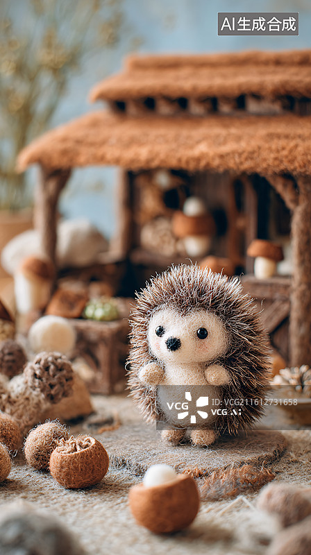 【AI数字艺术】可爱羊毛毡刺猬玩偶微距特写图片素材