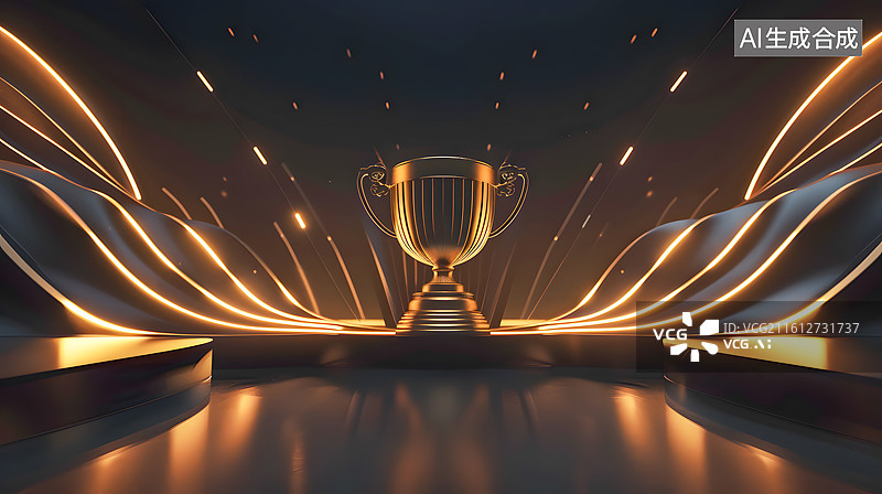 【AI数字艺术】一只金色的奖杯在深色背景前图片素材