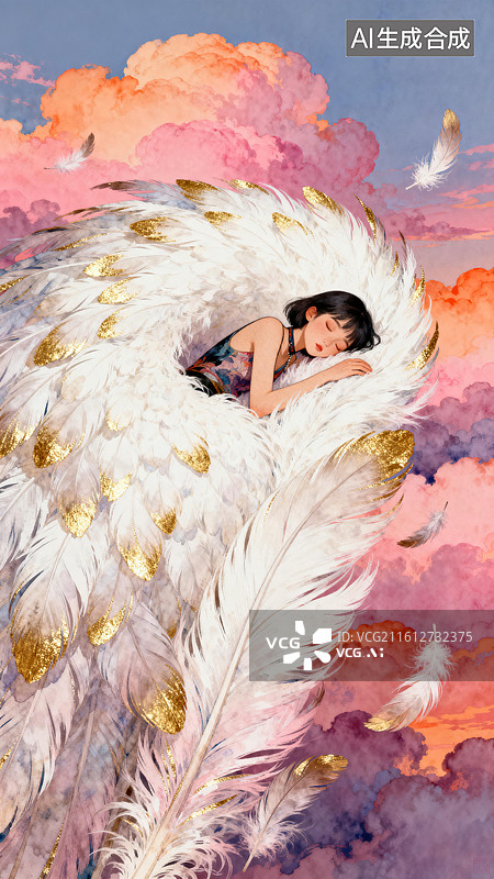 【AI数字艺术】女孩在白色羽毛上睡着了 3月世界睡眠日创意插画图片素材