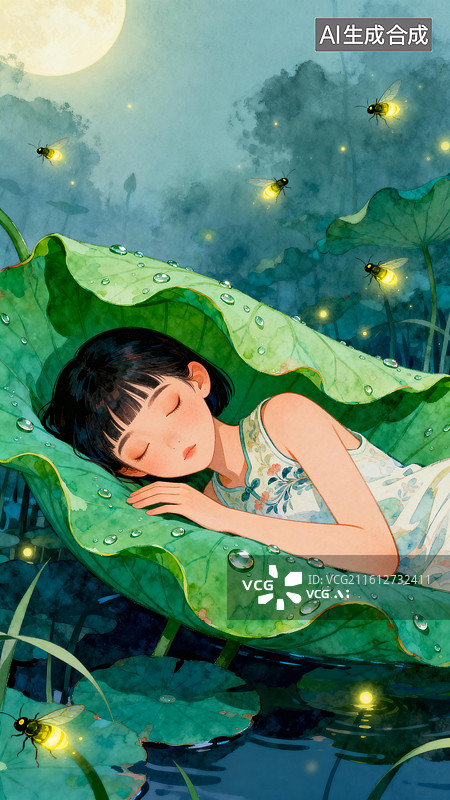 【AI数字艺术】女孩在巨大的荷叶上恬静入睡 3月世界睡眠日创意插画图片素材