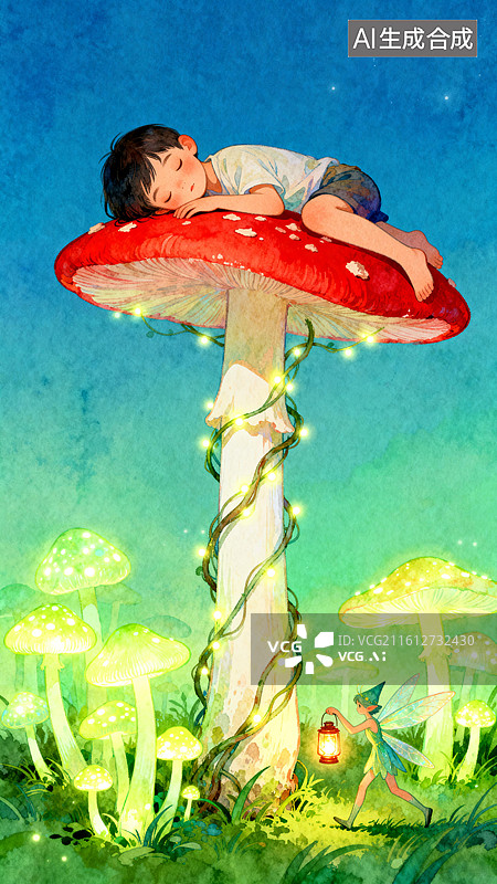 【AI数字艺术】男孩在红色蘑菇上睡着了 3月世界睡眠日创意插画图片素材