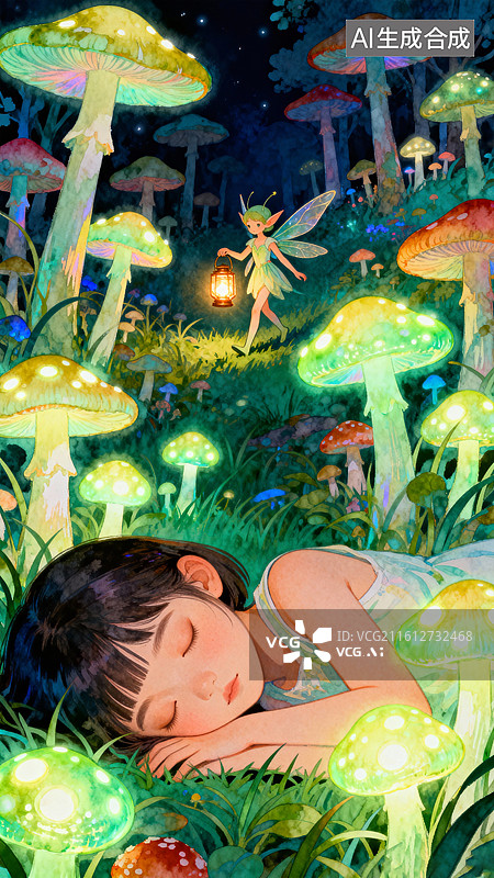 【AI数字艺术】女孩躺在草地上安睡 3月世界睡眠日创意插画图片素材