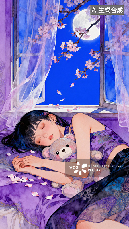 【AI数字艺术】女孩在洒满月光的窗台上睡着了 3月世界睡眠日创意插画图片素材