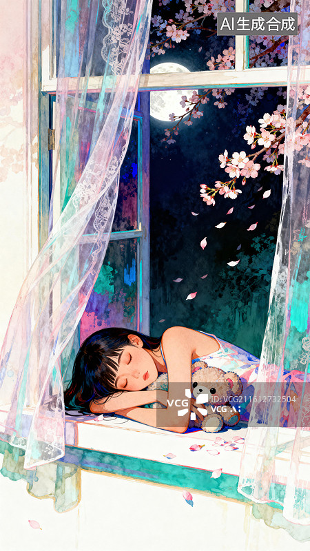 【AI数字艺术】女孩在洒满月光的窗台上睡着了 3月世界睡眠日创意插画图片素材