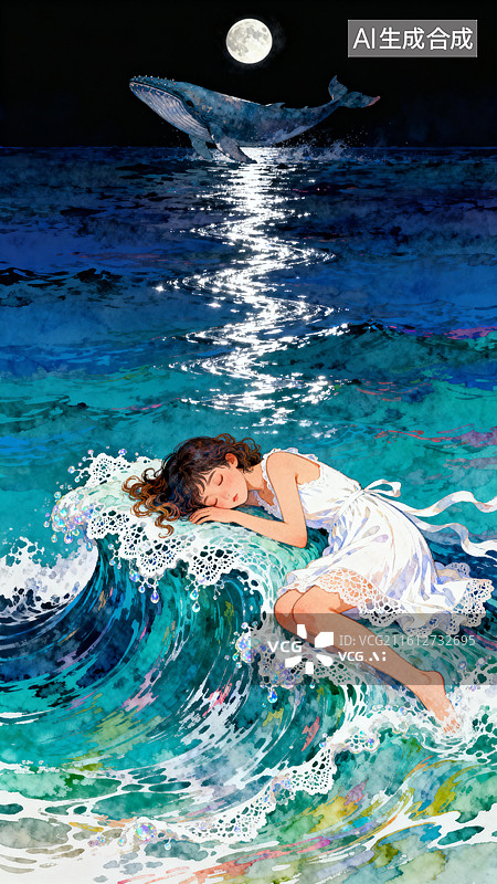 【AI数字艺术】女孩睡在凝固的海浪顶端 3月世界睡眠日创意插画图片素材