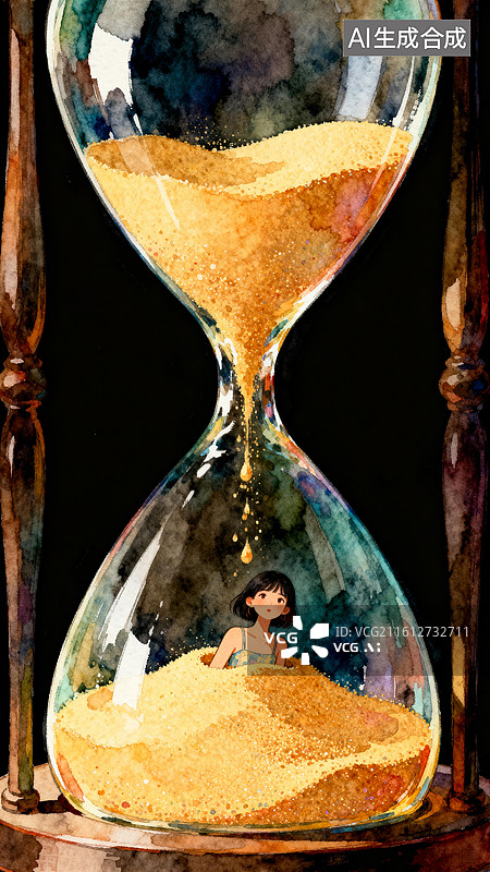 【AI数字艺术】时间温床 女孩泡在沙漏底部的时光之沙中 3月世界睡眠日创意插画图片素材
