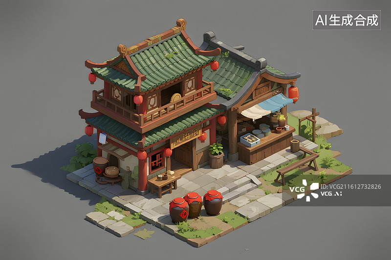 【AI数字艺术】古风小酒馆模型图片素材