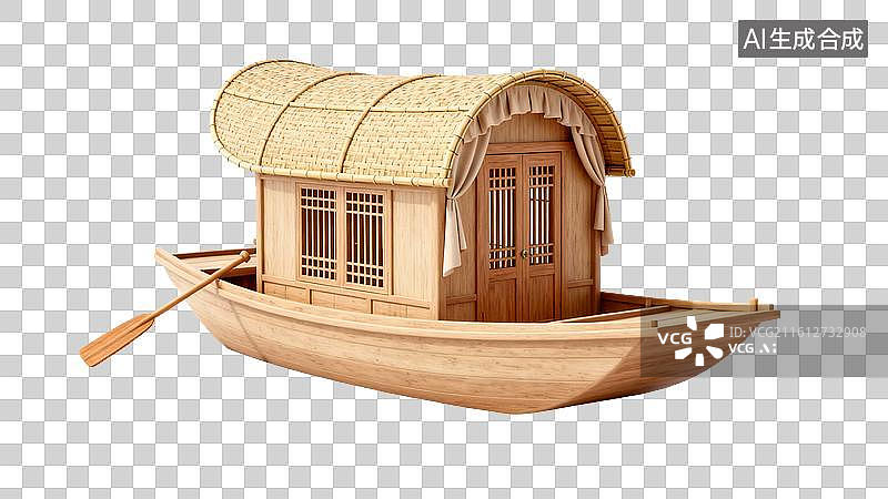 【AI数字艺术】竹篷木船国风风水乡游船场景图片素材